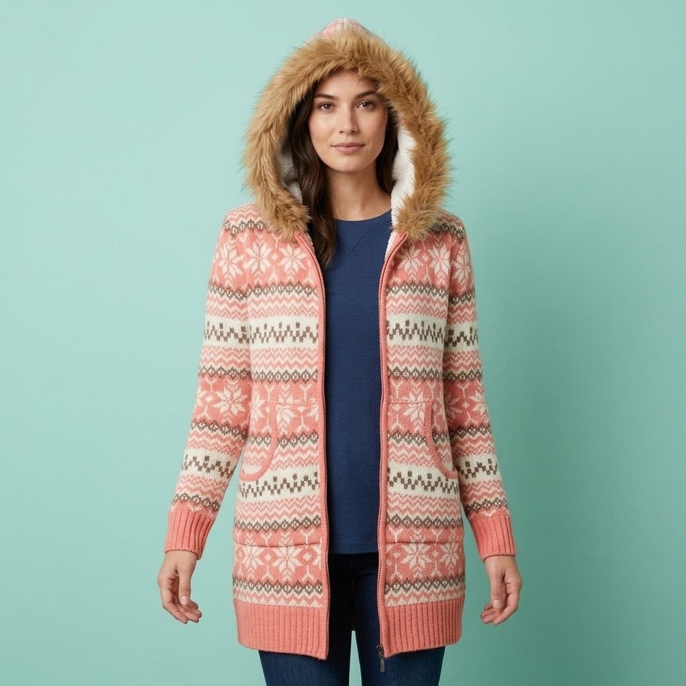 Jon & Anna Nordic Fair Isle Faux Fur Trim Long Hooded Sweater Jacket Women M EUC